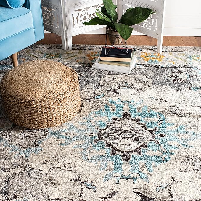 SAFAVIEH Monaco Collection Area Rug - 5'1" x 7'7", Grey & Light Blue, Boho Chic Medallion Distressed Design, Non-Shedding & Easy Care, Ideal for High Traffic Areas in Living Room, Bedroom (MNC243G)