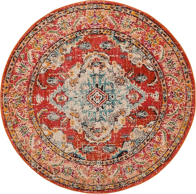SAFAVIEH Monaco Collection Area Rug - 5' Round, Orange & Light Blue, Boho Chic Medallion Distressed Design, Non-Shedding & Easy Care, Ideal for High Traffic Areas in Living Room, Bedroom (MNC243H)