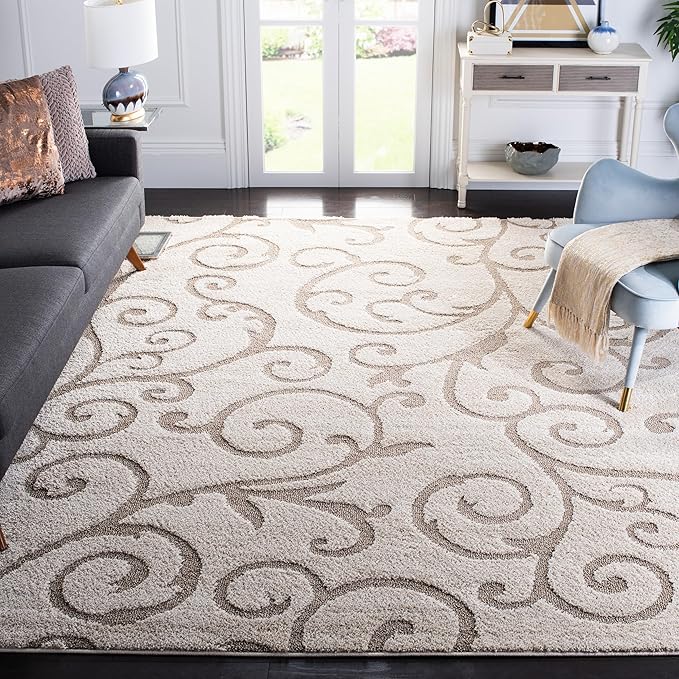 SAFAVIEH Florida Shag Collection Area Rug - 8' x 10', Ivory & Beige, Scroll Design, Non-Shedding & Easy Care, 1.2-inch Thick Ideal for High Traffic Areas in Living Room, Bedroom (SG455-13LT)