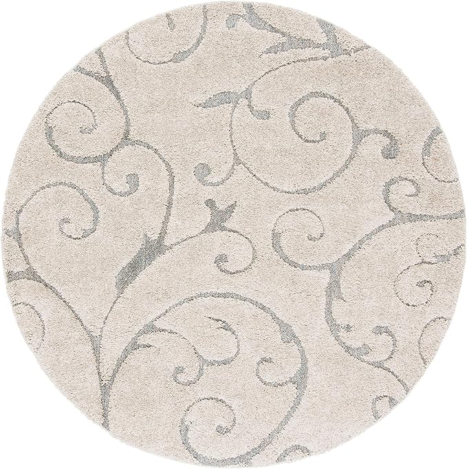 SAFAVIEH Florida Shag Collection Area Rug - 5' Round, Beige & Blue Grey, Scroll Design, Non-Shedding & Easy Care, 1.2-inch Thick Ideal for High Traffic Areas in Living Room, Bedroom (SG455-1155)