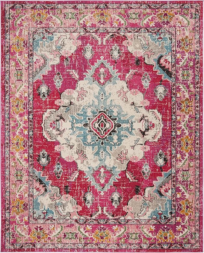 SAFAVIEH Monaco Collection Area Rug - 8' x 11', Pink & Multi, Boho Chic Medallion Distressed Design, Non-Shedding & Easy Care, Ideal for High Traffic Areas in Living Room, Bedroom (MNC243D)