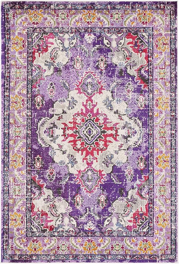 SAFAVIEH Monaco Collection Area Rug - 5'1" x 7'7", Violet & Fuchsia, Boho Chic Medallion Distressed Design, Non-Shedding & Easy Care, Ideal for High Traffic Areas in Living Room, Bedroom (MNC243P)