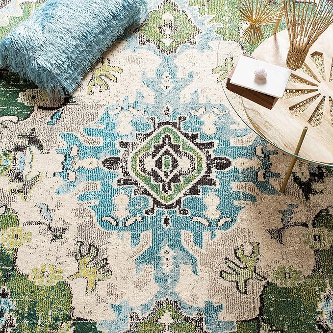 SAFAVIEH Monaco Collection Area Rug - 11' Square, Forest Green & Light Blue, Medallion Distressed Design, Non-Shedding & Easy Care, Ideal for High Traffic Areas in Living Room, Bedroom (MNC243F)