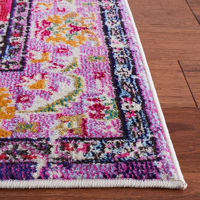 SAFAVIEH Monaco Collection Area Rug - 6'7" Square, Violet & Fuchsia, Boho Chic Medallion Distressed Design, Non-Shedding & Easy Care, Ideal for High Traffic Areas in Living Room, Bedroom (MNC243P)