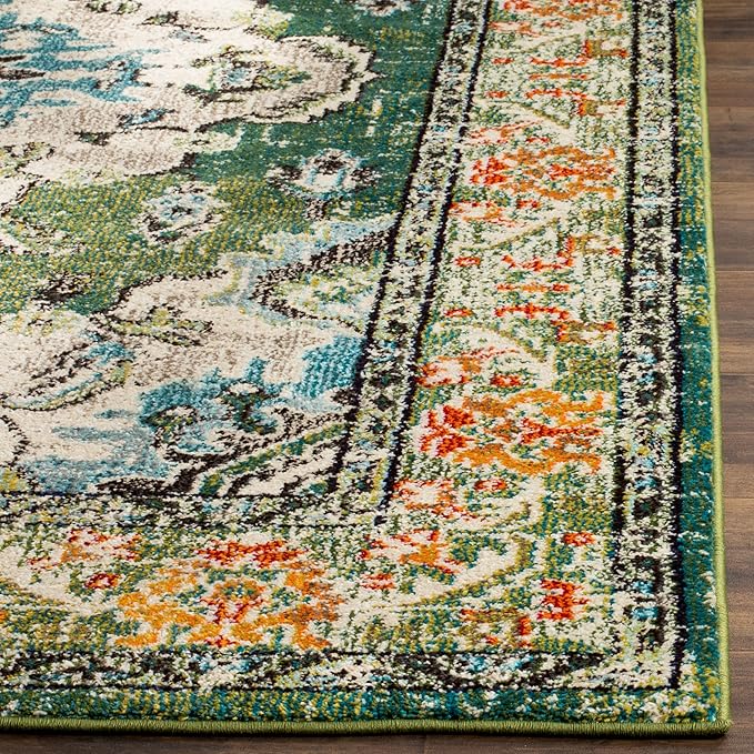 SAFAVIEH Monaco Collection Area Rug - 11' Square, Forest Green & Light Blue, Medallion Distressed Design, Non-Shedding & Easy Care, Ideal for High Traffic Areas in Living Room, Bedroom (MNC243F)
