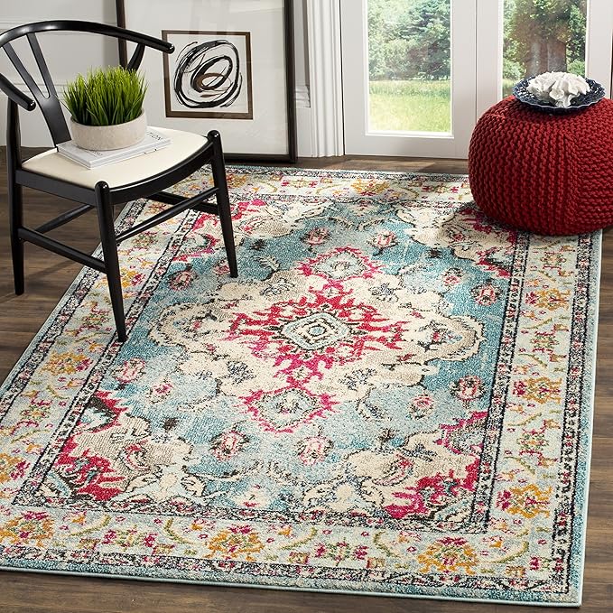 SAFAVIEH Monaco Collection Area Rug - 6'7" x 9'2", Light Blue & Fuchsia, Boho Chic Medallion Distressed Design, Non-Shedding & Easy Care, Ideal for High Traffic Areas in Living Room, Bedroom (MNC243J)