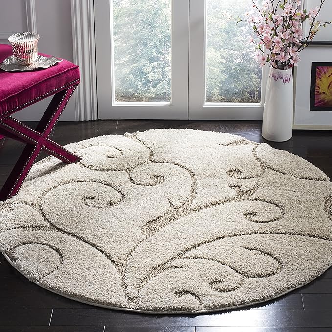 SAFAVIEH Florida Shag Collection Area Rug - 4' Round, Cream & Beige, Scroll Design, Non-Shedding & Easy Care, 1.2-inch Thick Ideal for High Traffic Areas in Living Room, Bedroom (SG455-1113)