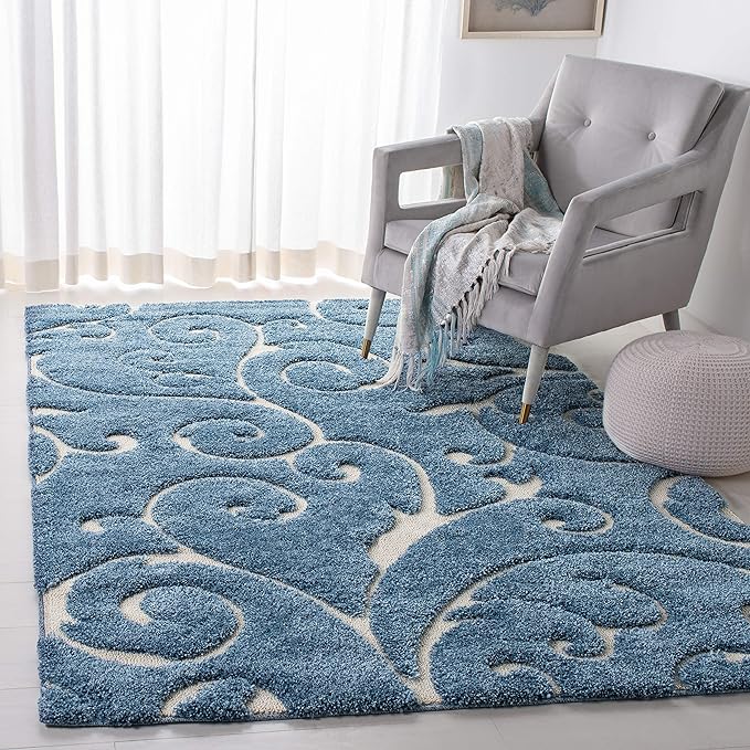 SAFAVIEH Florida Shag Collection Area Rug - 9'6" x 13', Light Blue & Cream, Scroll Design, Non-Shedding & Easy Care, 1.2-inch Thick Ideal for High Traffic Areas in Living Room, Bedroom (SG455-6011)