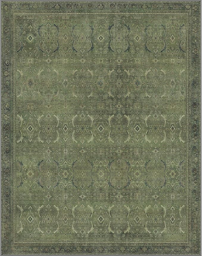 9X12 Area Rugs Machine Washable Rugs for Living Room, Vintage Boho Large Rugs for Bedroom Dining Room, Non Slip Indoor Soft Distressed Lightweight Thin Low Pile Carpet, Vivid Green