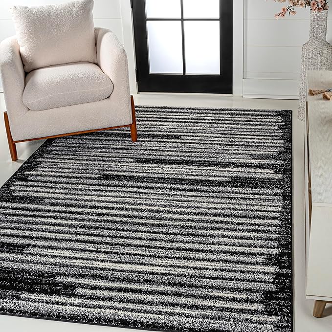 JONATHAN Y Khalil Modern Berber Stripe Black/Cream Indoor Area Rug, 8x10, Contemporary, Bohemian, Easy-Cleaning for Living Room, Bedroom, Kitchen, Pet Friendly, Non-Shedding (MOH207F-8)