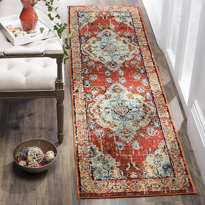SAFAVIEH Monaco Collection Runner Rug - 2'2" x 10', Orange & Light Blue, Boho Chic Medallion Distressed Design, Non-Shedding & Easy Care, Ideal for High Traffic Areas in Living Room, Bedroom (MNC243H)