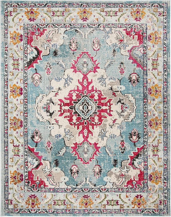 SAFAVIEH Monaco Collection Area Rug - 10' x 14', Light Blue & Fuchsia, Boho Chic Medallion Distressed Design, Non-Shedding & Easy Care, Ideal for High Traffic Areas in Living Room, Bedroom (MNC243J)