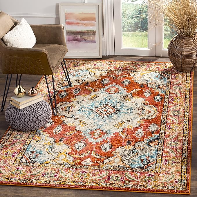 SAFAVIEH Monaco Collection Area Rug - 5'1" x 7'7", Orange & Light Blue, Boho Chic Medallion Distressed Design, Non-Shedding & Easy Care, Ideal for High Traffic Areas in Living Room, Bedroom (MNC243H)