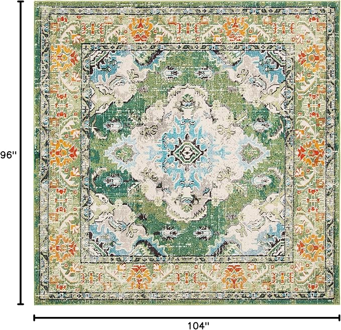 SAFAVIEH Monaco Collection Area Rug - 8'8" Square, Forest Green & Light Blue, Medallion Distressed Design, Non-Shedding & Easy Care, Ideal for High Traffic Areas in Living Room, Bedroom (MNC243F)