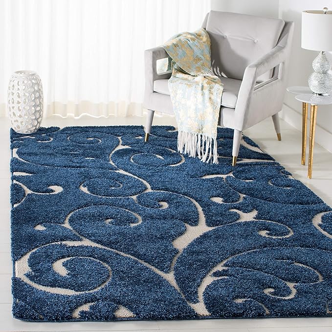 SAFAVIEH Florida Shag Collection Accent Rug - 3'3" x 5'3", Dark Blue & Cream, Scroll, Non-Shedding & Easy Care, 1.2-inch Thick Ideal for High Traffic Areas in Foyer, Living Room, Bedroom (SG455-6511)