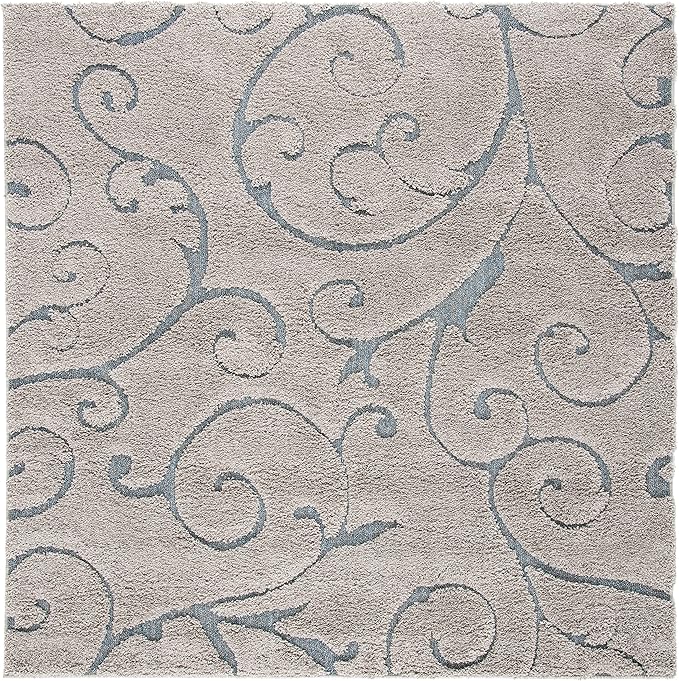 SAFAVIEH Florida Shag Collection Area Rug - 10' Square, Grey & Light Blue, Scroll Design, Non-Shedding & Easy Care, 1.2-inch Thick Ideal for High Traffic Areas in Living Room, Bedroom (SG455-1160)