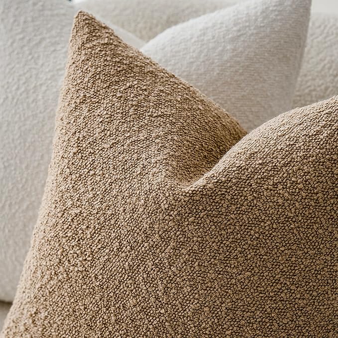 Foindtower Pack of 2 Textured Boucle Throw Pillow Covers Accent Solid Pillow Cases Cozy Soft Decorative Couch Cushion Case for Chair Sofa Bedroom Living Room Home Decor, 18 x 18 Inch,Camel