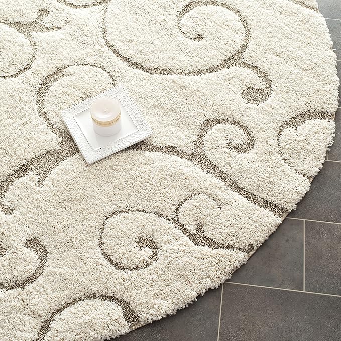 SAFAVIEH Florida Shag Collection Area Rug - 4' Round, Cream & Beige, Scroll Design, Non-Shedding & Easy Care, 1.2-inch Thick Ideal for High Traffic Areas in Living Room, Bedroom (SG455-1113)
