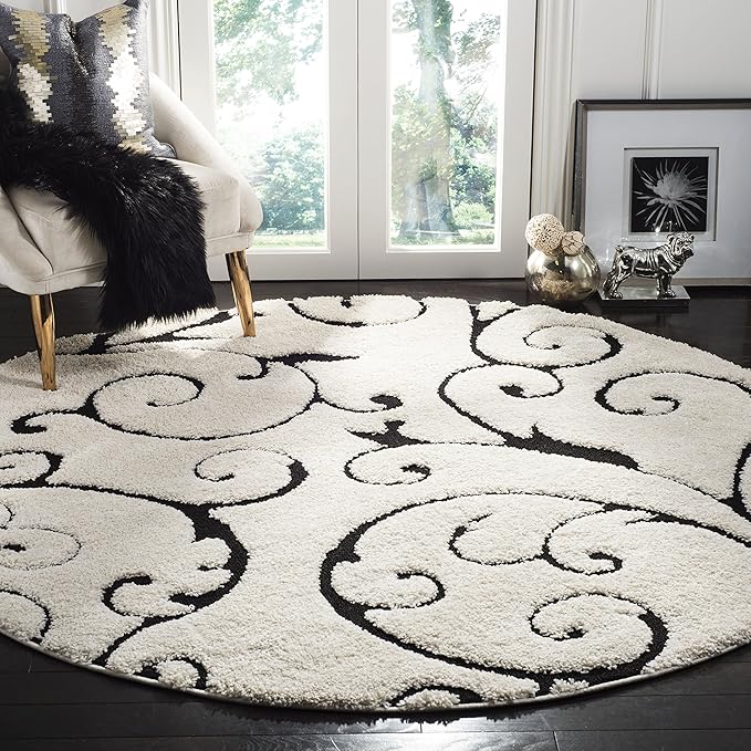 SAFAVIEH Florida Shag Collection Area Rug - 6'7" Round, Ivory & Black, Scroll Design, Non-Shedding & Easy Care, 1.2-inch Thick Ideal for High Traffic Areas in Living Room, Bedroom (SG455-1290)
