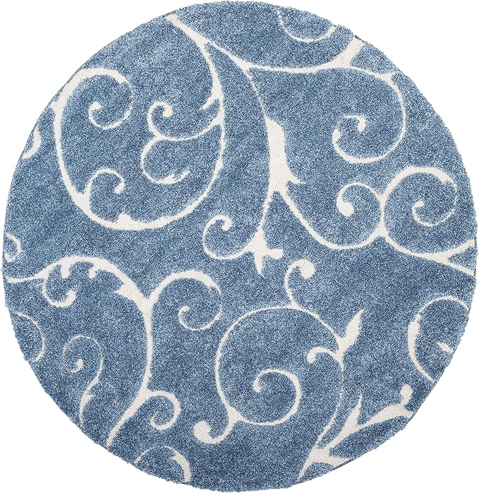 SAFAVIEH Florida Shag Collection 5' Round Light Blue/Cream SG455 Scrolling Vine Graceful Swirl Textured Non-Shedding Living Room Bedroom Dining Room Entryway Plush 1.2-inch Thick Area Rug
