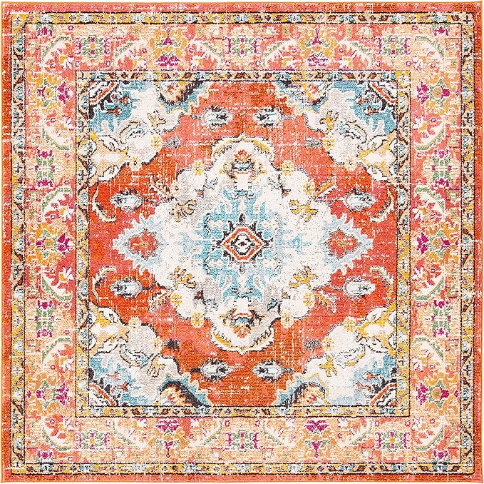 SAFAVIEH Monaco Collection Area Rug - 11' Square, Orange & Light Blue, Boho Chic Medallion Distressed Design, Non-Shedding & Easy Care, Ideal for High Traffic Areas in Living Room, Bedroom (MNC243H)