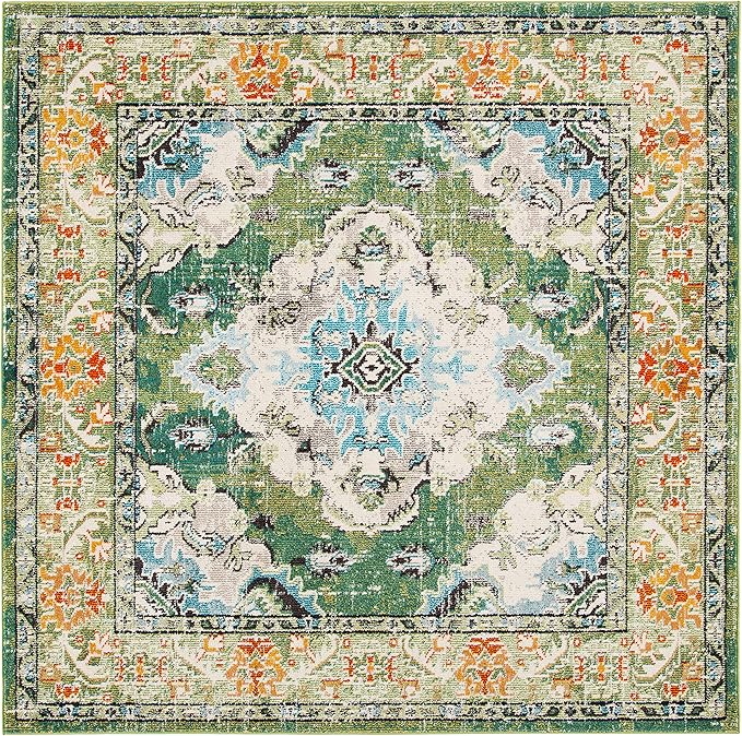 SAFAVIEH Monaco Collection Area Rug - 12' Square, Forest Green & Light Blue, Medallion Distressed Design, Non-Shedding & Easy Care, Ideal for High Traffic Areas in Living Room, Bedroom (MNC243F)