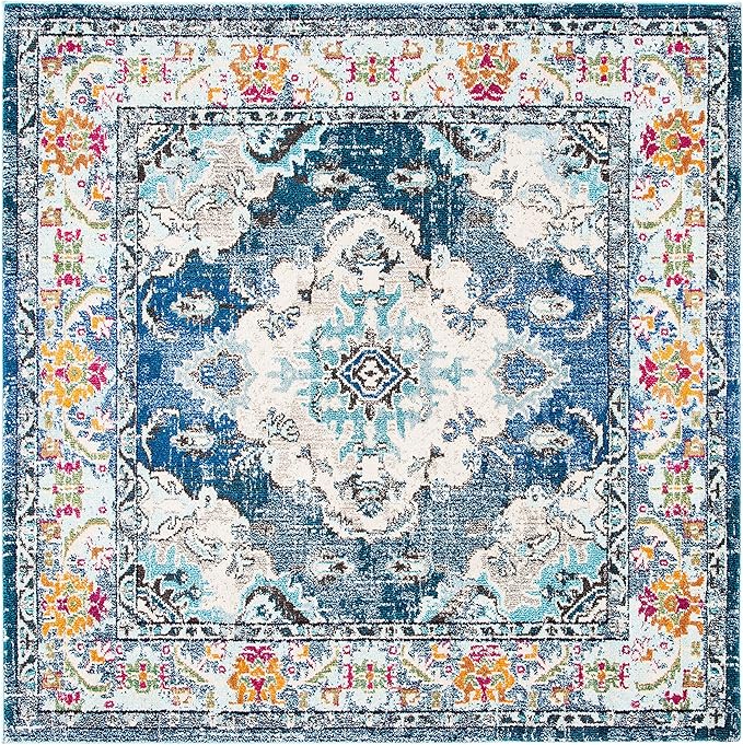 SAFAVIEH Monaco Collection Area Rug - 6'7" Square, Navy & Light Blue, Boho Chic Medallion Distressed Design, Non-Shedding & Easy Care, Ideal for High Traffic Areas in Living Room, Bedroom (MNC243N)