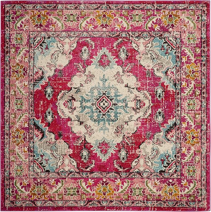 SAFAVIEH Monaco Collection Area Rug - 8'8" Square, Pink & Multi, Boho Chic Medallion Distressed Design, Non-Shedding & Easy Care, Ideal for High Traffic Areas in Living Room, Bedroom (MNC243D)